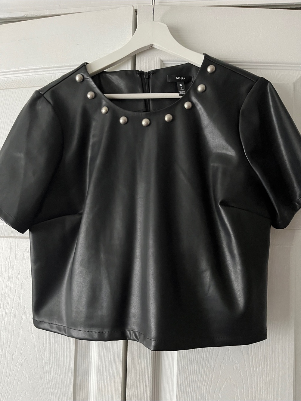 Aqua Black Faux Leather Short Sleeve Top with Pearl-Trim